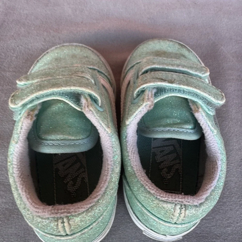 Size 5c - Vans Old Skool Glitter‎ Shoes Kids Mint White Low Top Sneakers